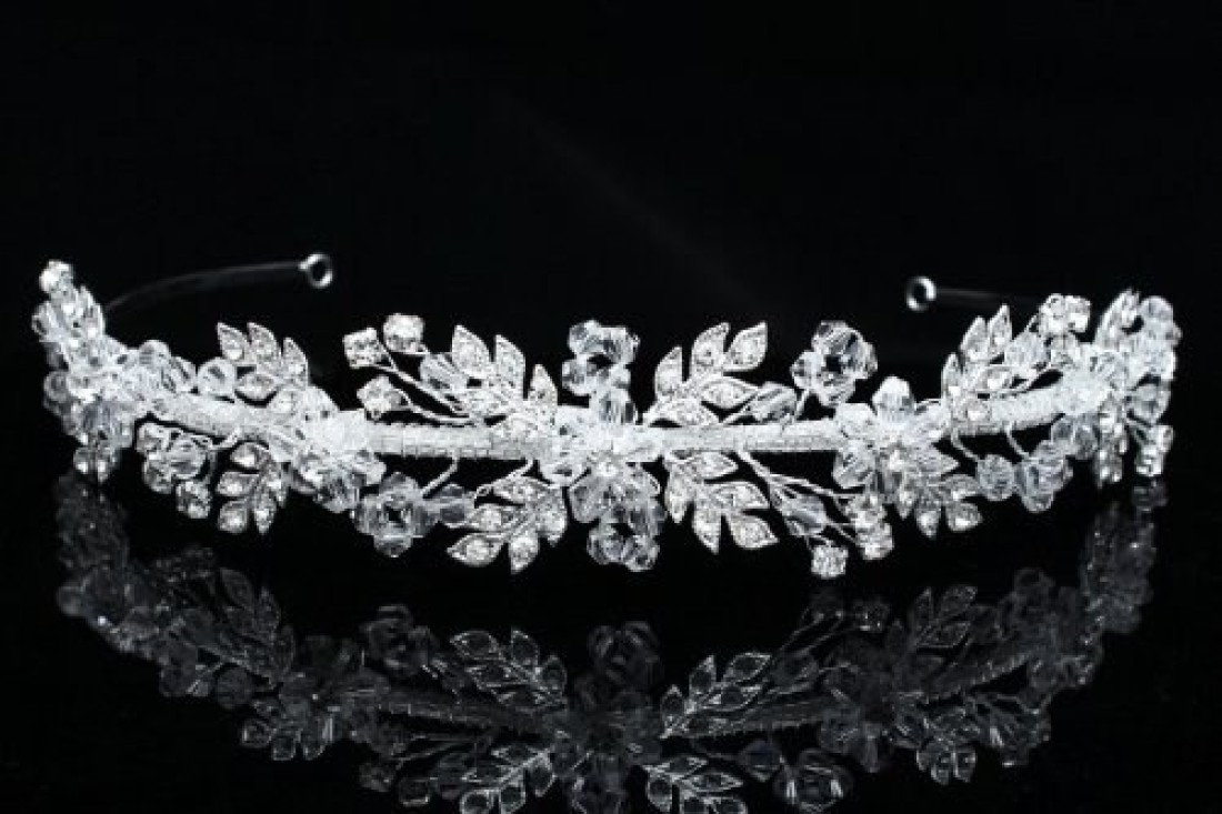 SAMKY Handmade Flower Leaf Crystal Headband Bridal Wedding Tiara Silver Plated T767