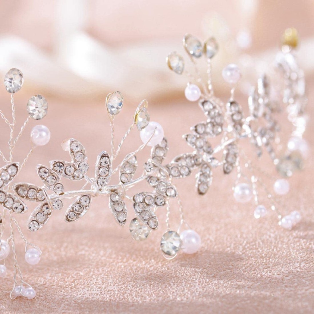 Foyte Crystal Wedding Headband Silver Leaf Head Bands Jewelry Rhinestone Bride Headpiece for Women