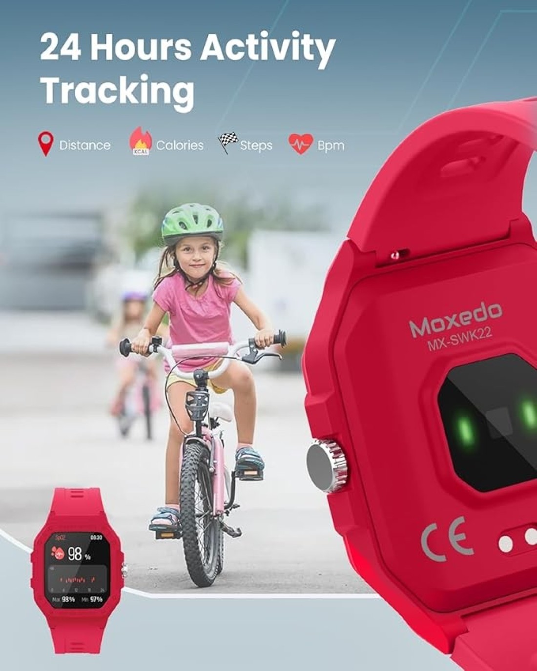 Moxedo Junior Smart Watch for Kids, 1.7&rdquo; Big HD Screen Bluetooth SmartWatch for Boys/Girls - 5-day Battery, IP67 waterproof, 6 Watch Faces, 22 Sport Modes, Alarm and Games (Red)