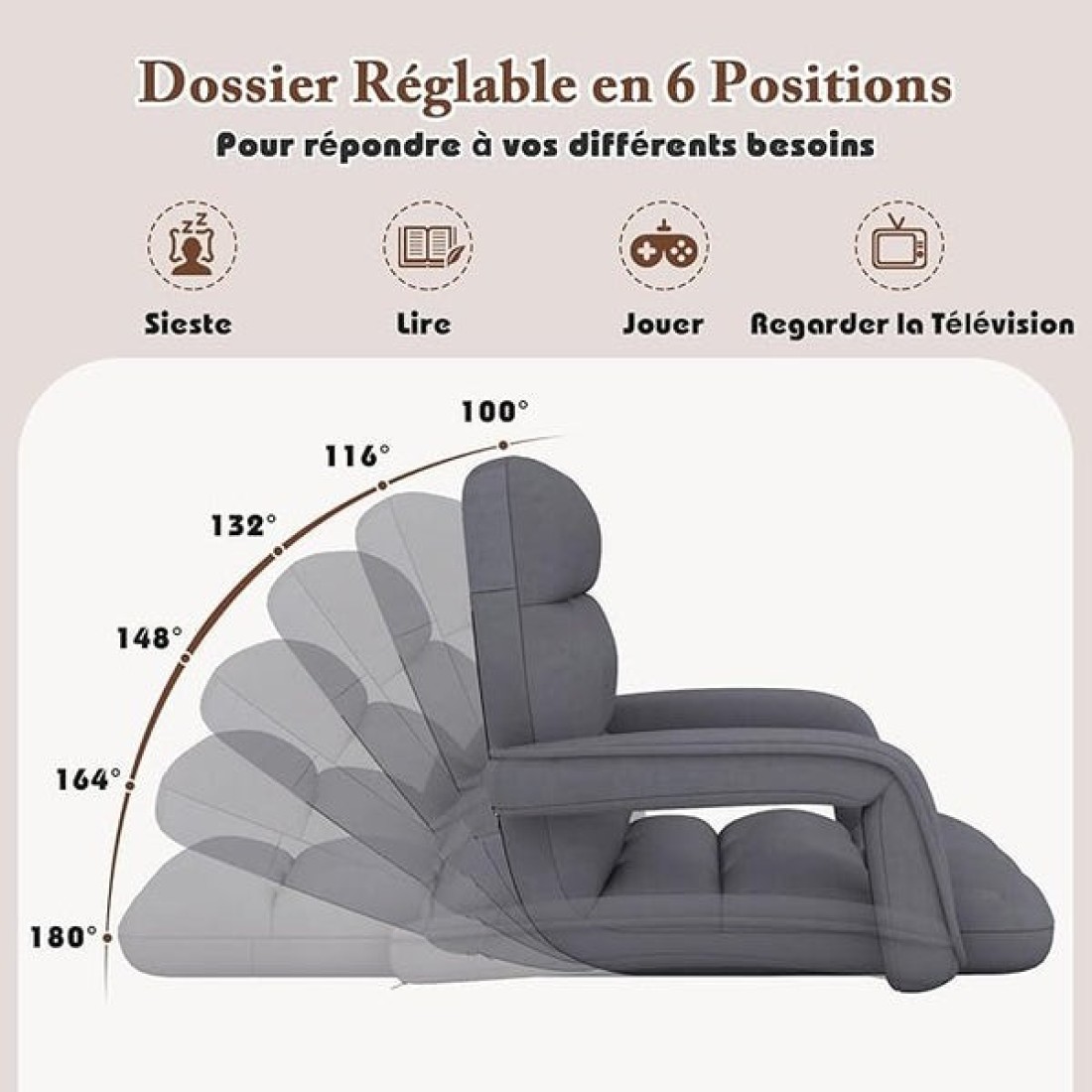 Portable Folding Chair Single Floor Lazy Sofa with Handle Adjustable Back