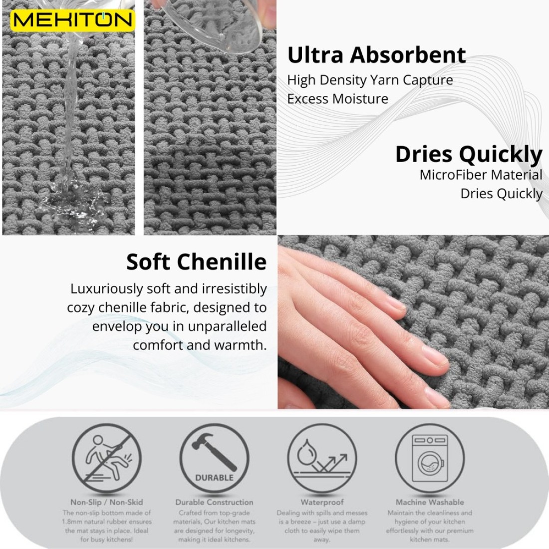 MEKITON - Premium Bathroom and Door Mat - Super Absorbent, Non-Slip, Quick Drying, Soft Plush Surface, Ideal for Entryways, Kitchens, and Bathrooms - 75 x 45 cms (Gray)