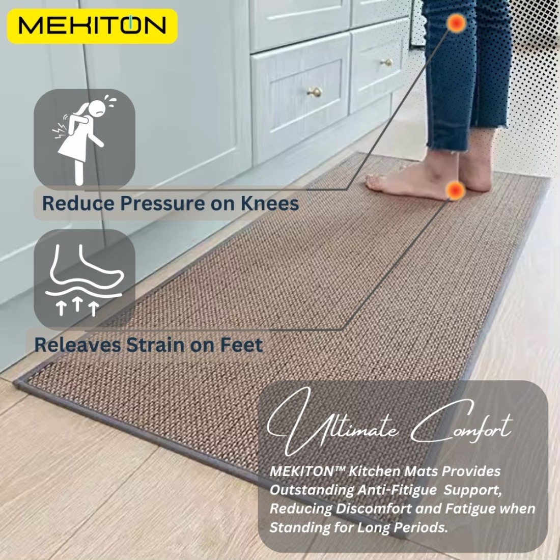 MEKITON - Set of 2 PCs Premium Anti-Fatigue, Non-Skid Natural Rubber Kitchen Floor Mats, Washable Runner Rugs for Kitchen Floor Front of Sink, Laundry Room 45X120CM + 45X75CM (Oats)