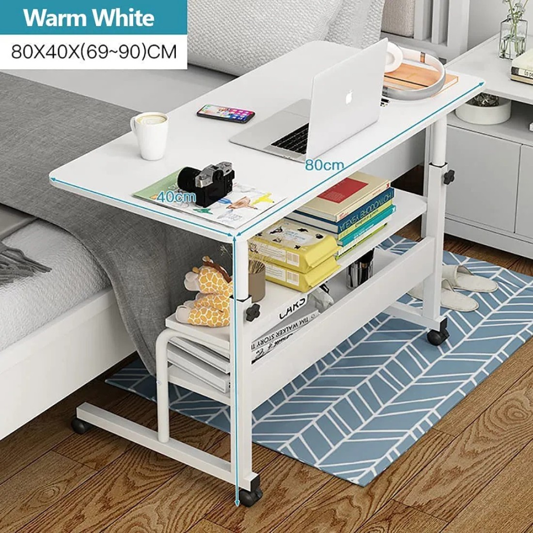 Jjone Laptop Desk Table With 2-Tier Storage Shelves &amp; Wheels, Workstation Study Laptop Table For Home Office (Sc11-White)