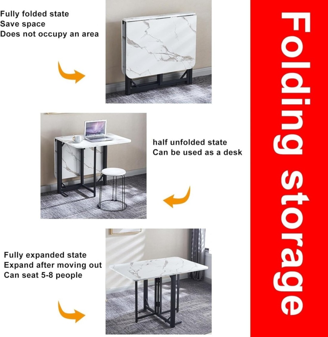 Generic Modern Folding Dining Table, Extendable Drop Leaf Folding Table, Multifunction Expandable, Steel Frame Structure, Easily Bear 400 Kg/881 Lb, Grey