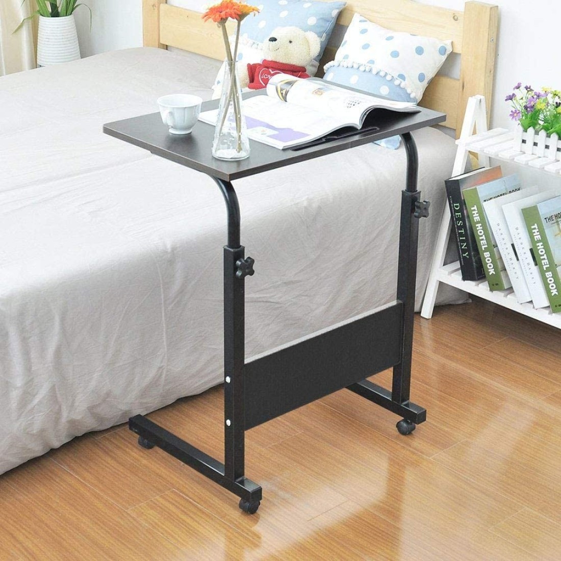 Doreen Mobile Side Table, Adjustable Movable Portable Laptop Computer Stand Desk Worksation With Tablet Slot &amp; Wheels for Bed Sofa 40 * 80cm black（GC1212A）