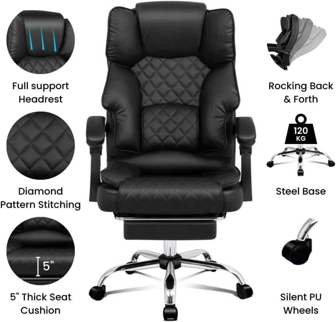 Karnak Executive Office Gaming Chair PU Leather 360 Swivel, Diamond Pattern Stitching High Back With Tilt Lock Mechanism, Soft Foam &amp; Well Padded Backrest With Lumbar Support, Black