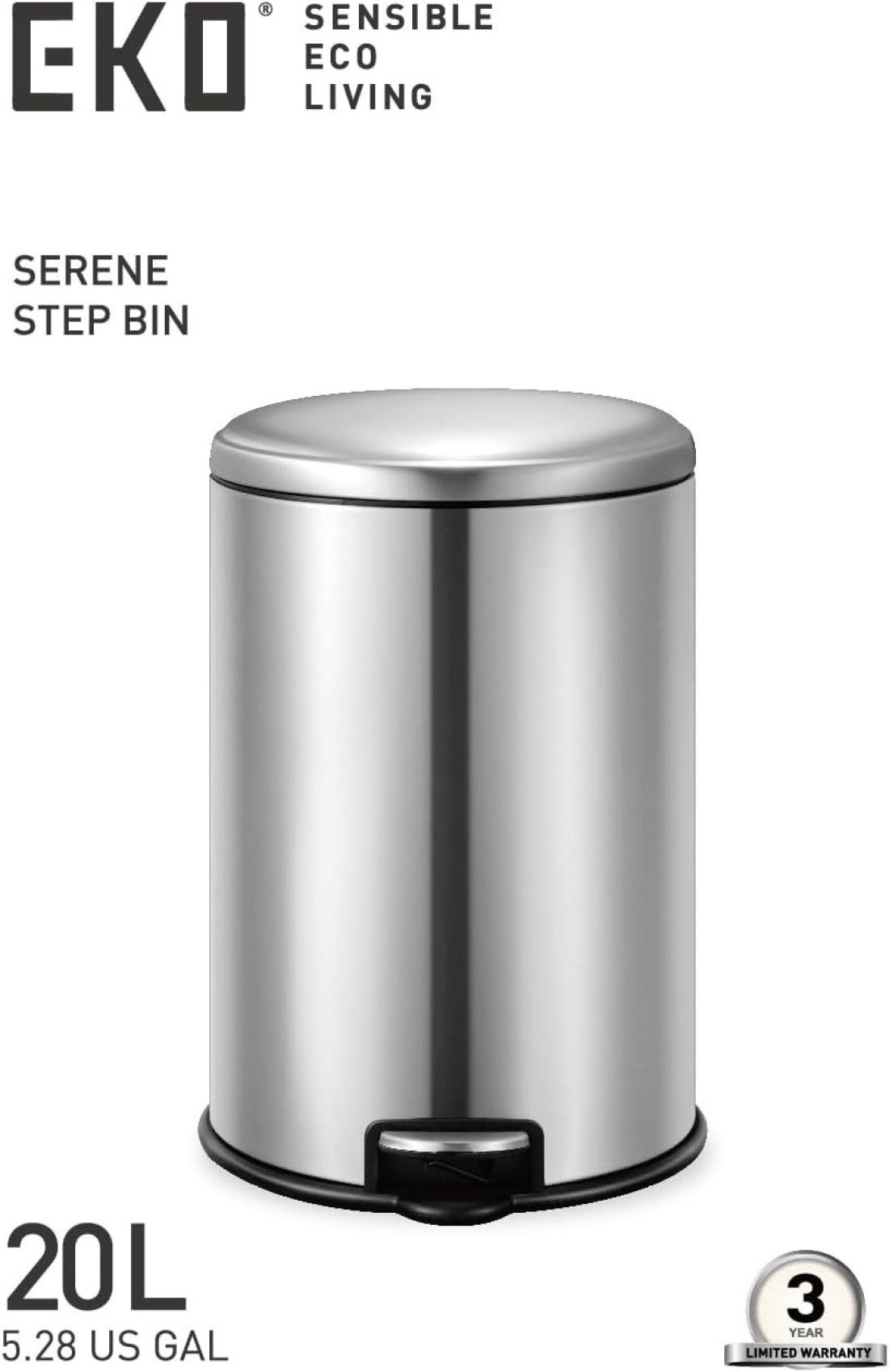 EKO 20L Pedal Bin Serene - Silver Large Capacity Step Round Bin with Soft-Close Lid Fingerprint-Resistant Finish Removable Inner Liner Bag Stabilizer
