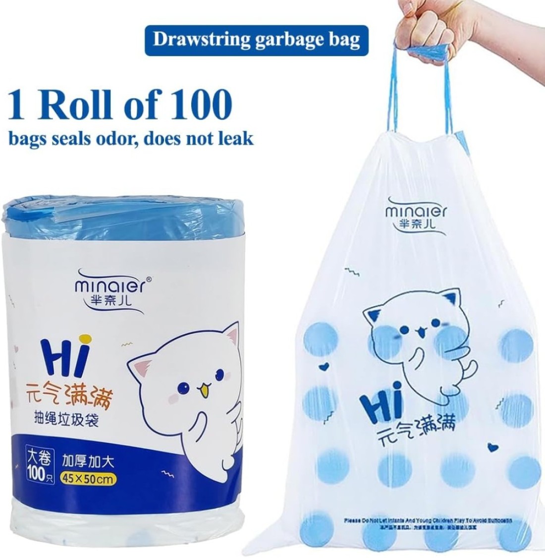 Trash bags with Drawstring and Break point, Heavy-duty garbage bags for Office, Bathroom, Kitchen, Living room, Ideal for medium-sized bins, 100 Counts 45x50cm (White)