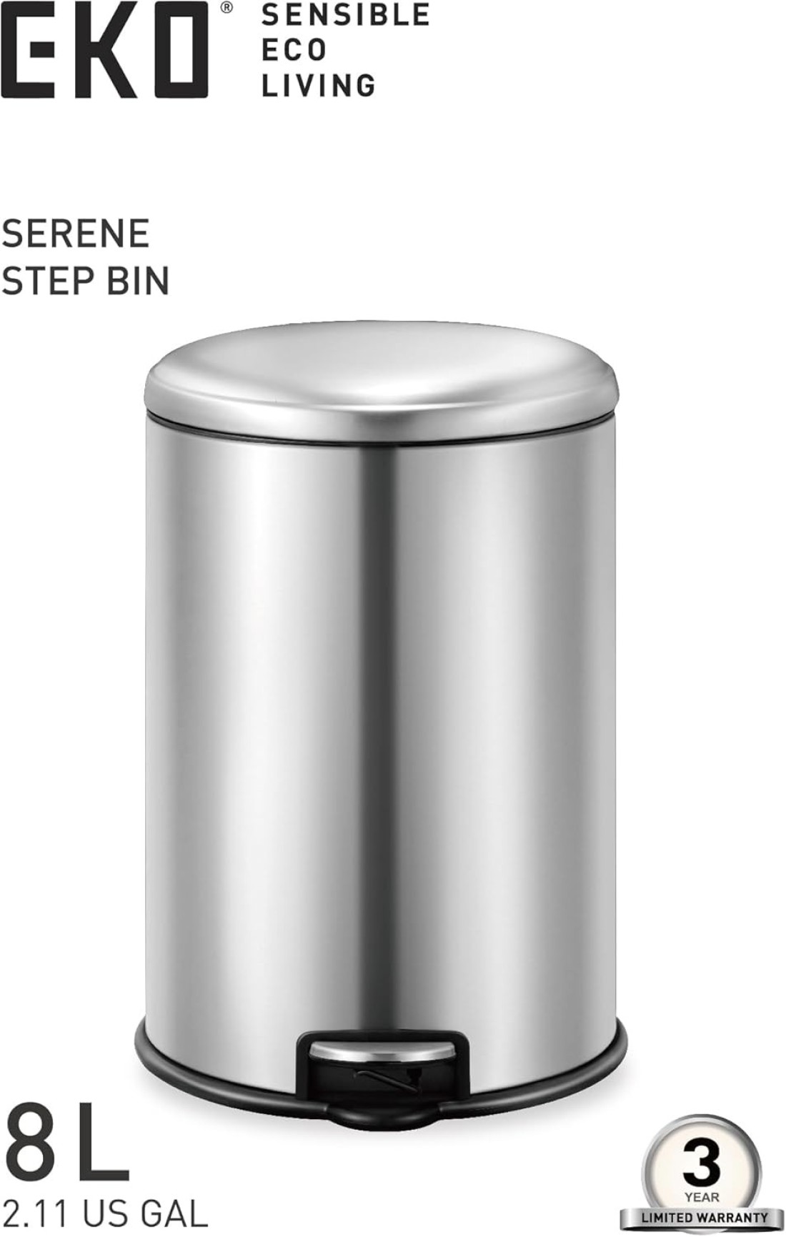 EKO 8L Pedal Bin Serene - Silver Compact Step Round Bin with Soft-Close Lid Fingerprint-Resistant Finish Removable Inner Liner Bag Stabilizer