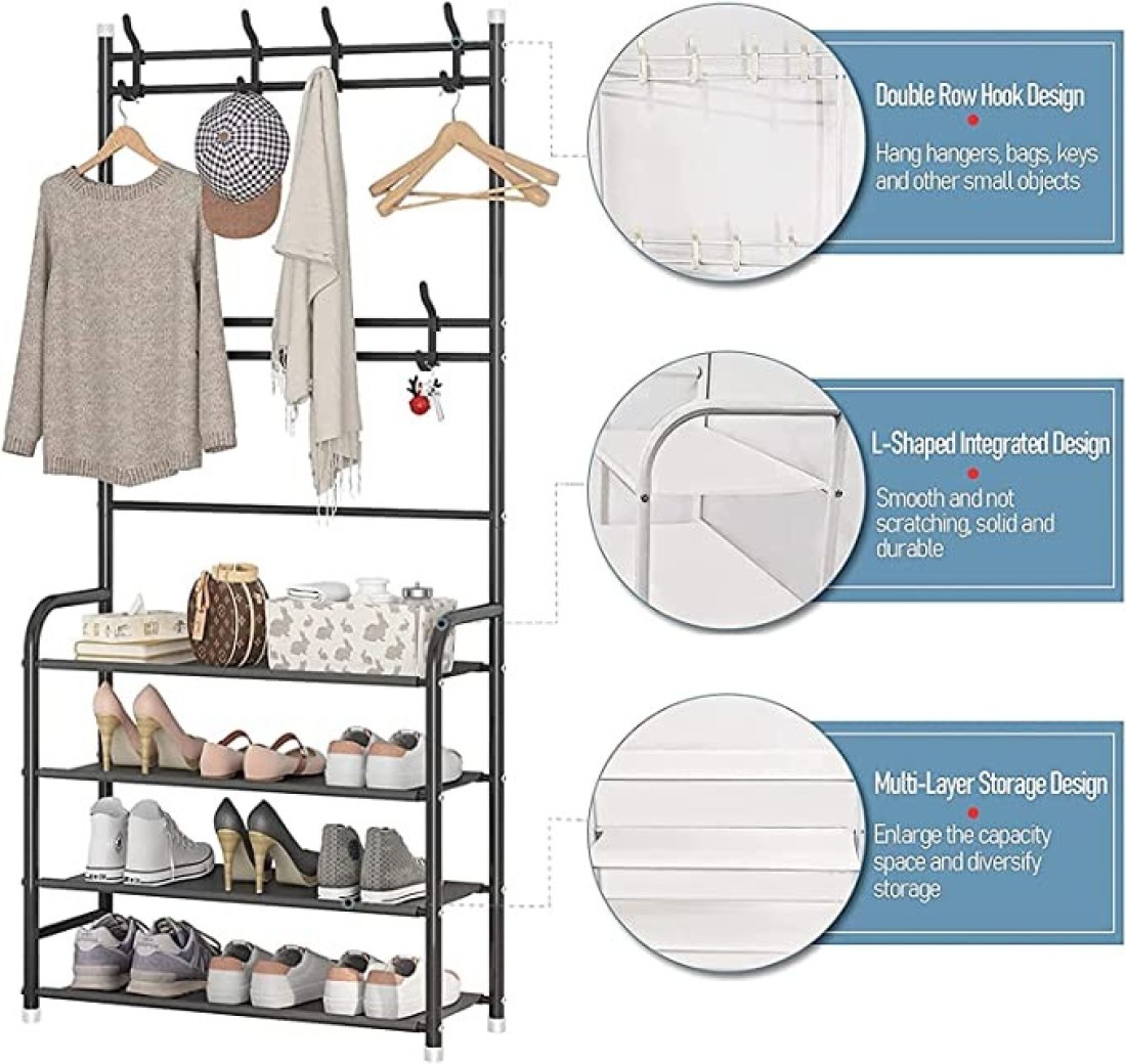 Dreamons link Coat Rack,3-in-1 Hall Tree Shoe Bench with Coat Hat Umbrella Rack,Storage Shelves with 8 Hooks, Multifunctional Hallway Organizer (Black)