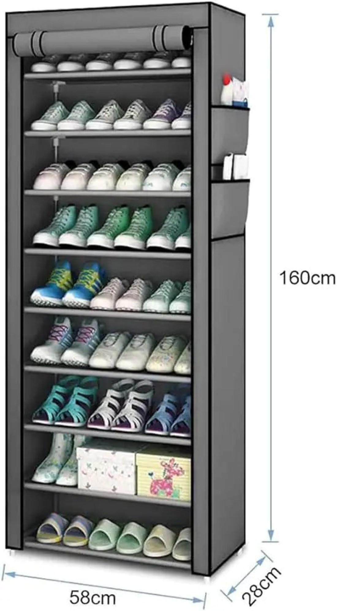 Shoe Rack with Cover, 10 Layer 9 Grids Dustproof Shoe Cabinet Shoe Rack for up to 30 Pairs of Shoes, 58 x 28 x 160 cm