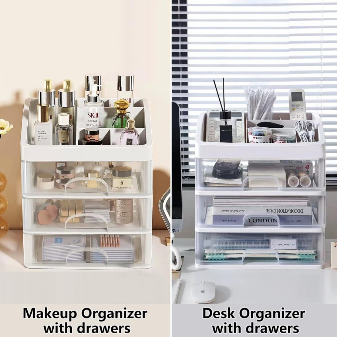 Makeup Organizer with 3 Drawers Cosmetic Display Cases Makeup Storage Box 3 Drawers white