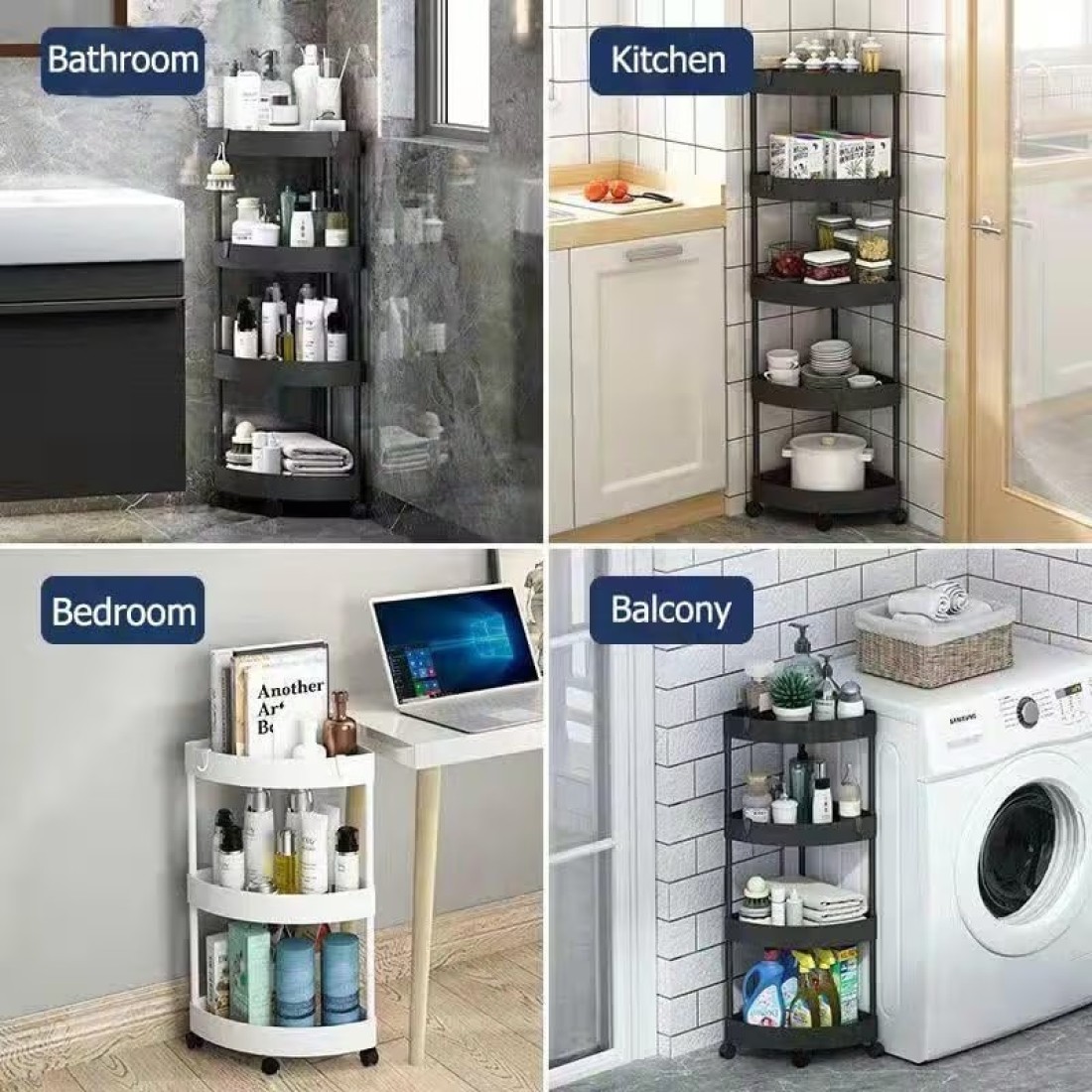 4-Tier Rolling Storage Cart,Corner Shelves， Multi-Purpose Organizer for Bathroom, Office &amp; Kitchen, Plastic Shower Caddy Organizer Shelf, Easy to Assemble &amp; Move (Black)