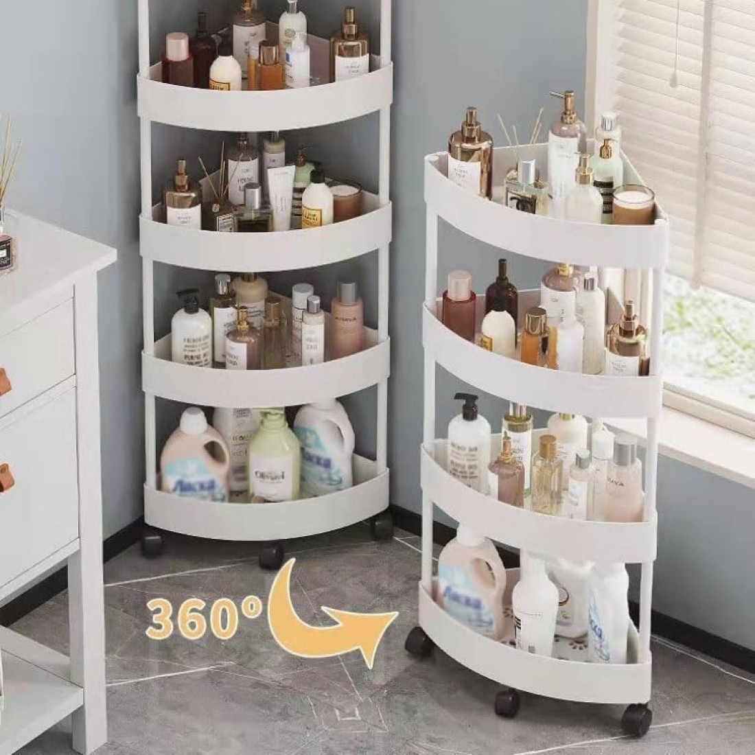 3-Tier Rolling Storage Cart,Corner Shelves， Multi-Purpose Organizer for Bathroom, Office &amp; Kitchen, Plastic Shower Caddy Organizer Shelf, Easy to Assemble &amp; Move,white