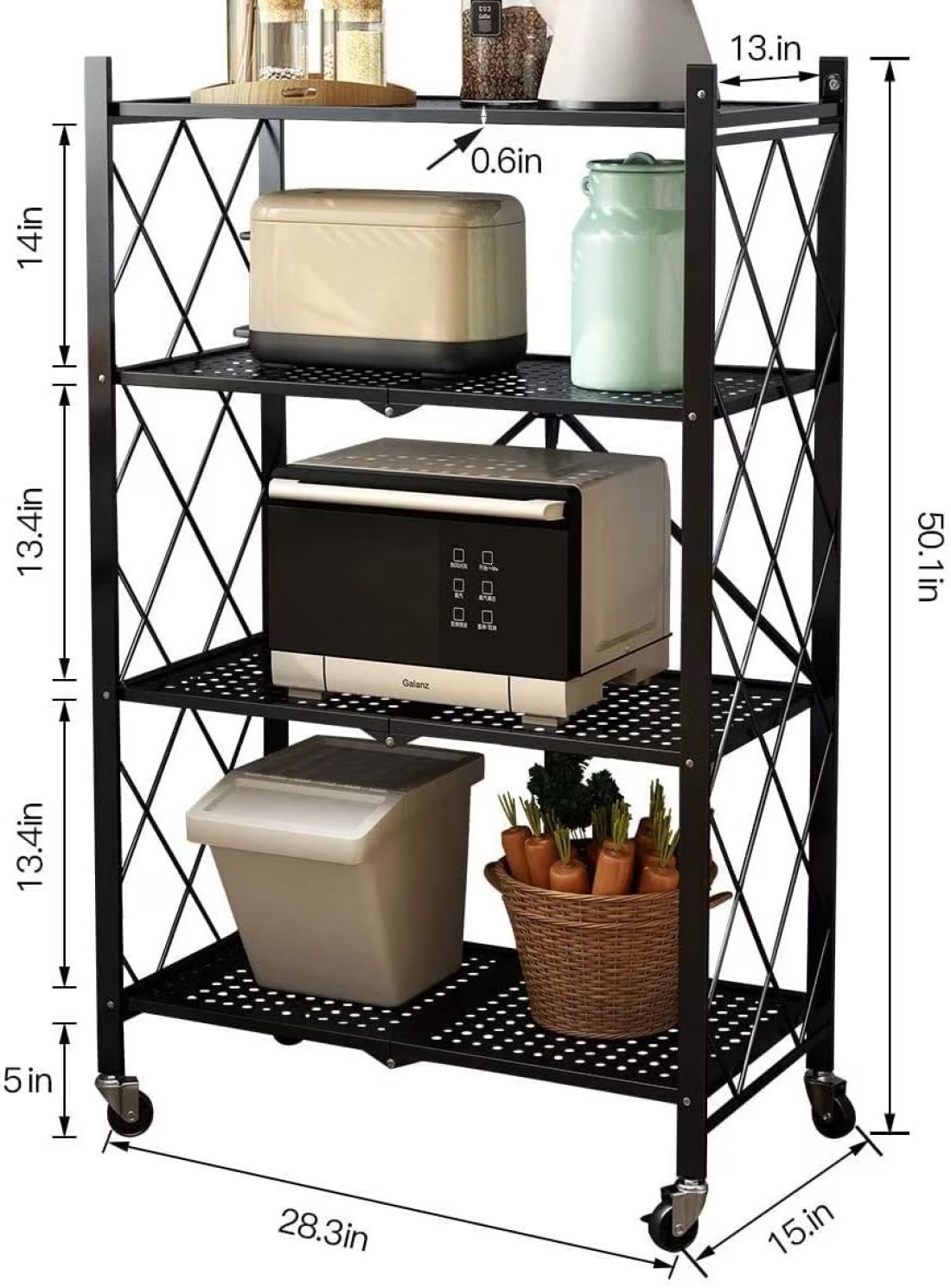 ECVV Leostar 4 Layer Shelf Foldable Storage Shelving Unit With Wheels, Metal Rack Display For Garage Kitchen Pantry Closet Laundry, Black, Str-4326, 4-Shelf