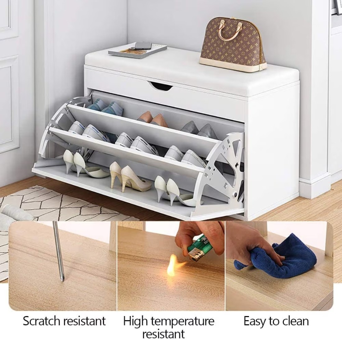 Generic Wooden Shoes Rack Bench With Shoe Changing Stool, Foldable Seat, Nonwoven Fabric Cover Closet, 80X34X53cm, White