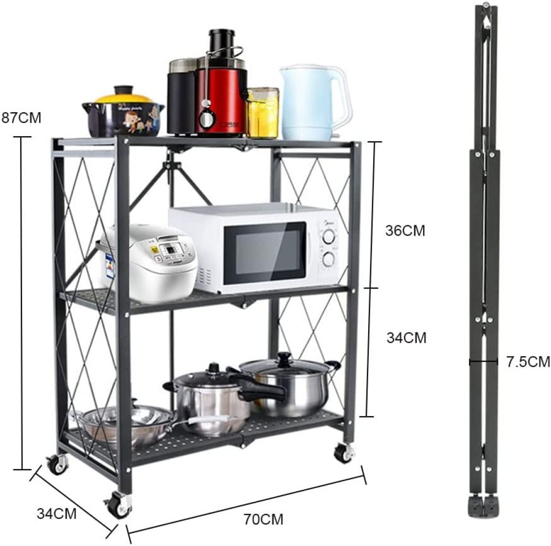 Uujuly Foldable Metal Storage Shelf, Space Saving 3-Tier Kitchen Shelving Storage Rack, Large Capacity Iron Wire Collapsible Shelves Organiser For Bedroom Living Room Office Garage No Assembly (Black)