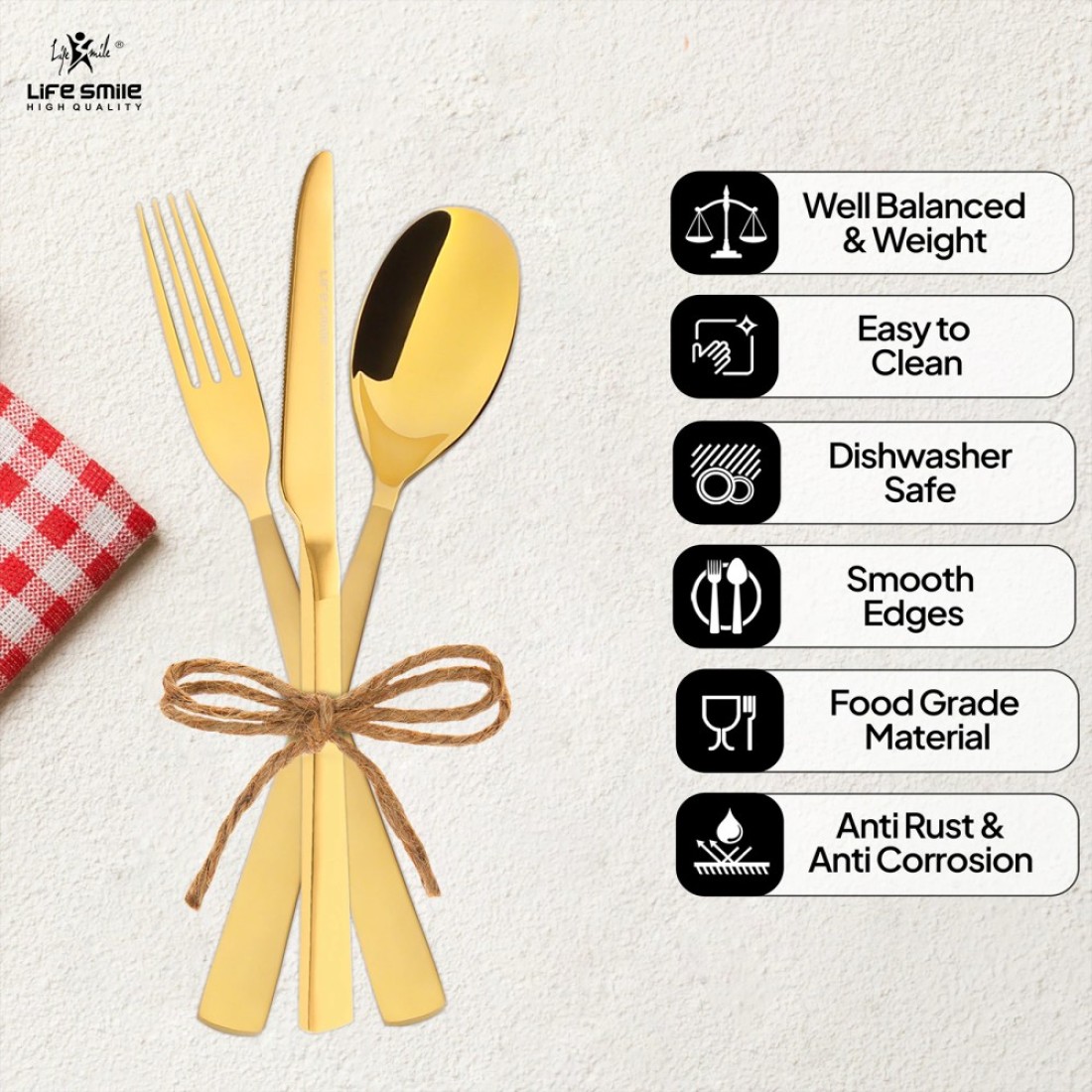 Life Smile 24 Pieces Cutlery Set Service for 6 person,Pure Stainless Steel Flatware Set,Mirror Polished Cutlery Utensil Set Include Spoon/Fork/Knife/Tea Spoon(SHINE GOLD &amp; SAND BLASTING HANDLE)