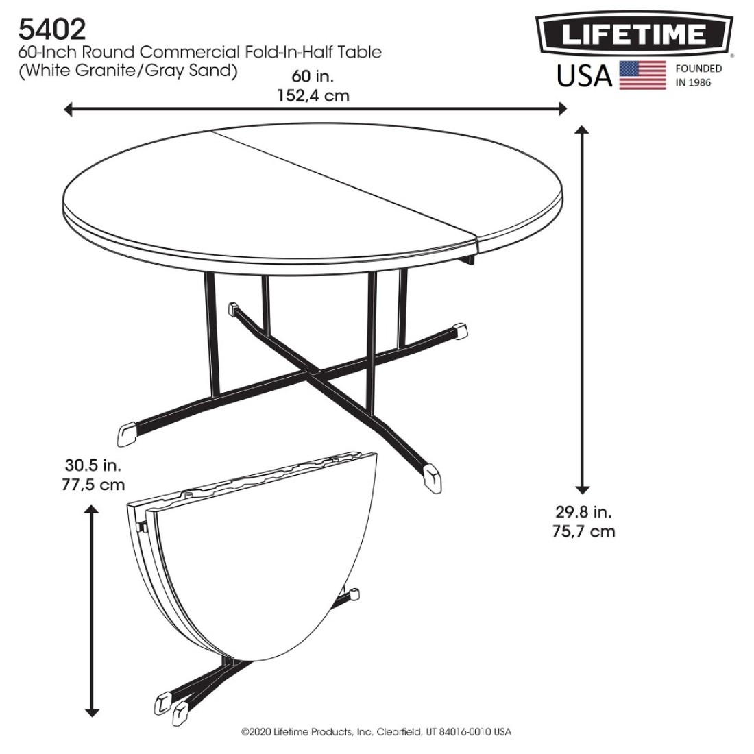 Lifetime 60 Inch, Round Commercial, Fold-in-Half Table,10 Year Limited warranty, White Granite Colour, LFT-5402