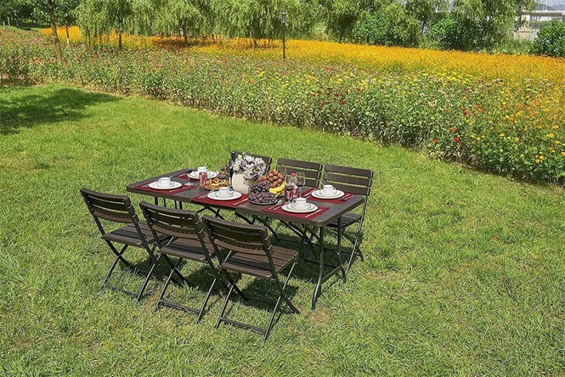 LANNY Set of 4 Folding/Foldable Plastic Dining Chair Water proof Sun proof Patio/Garden Leisure Chair for Outside/Outdoor or Inside/Indoor Wood Design 45cm height of seat -YC043 Brown
