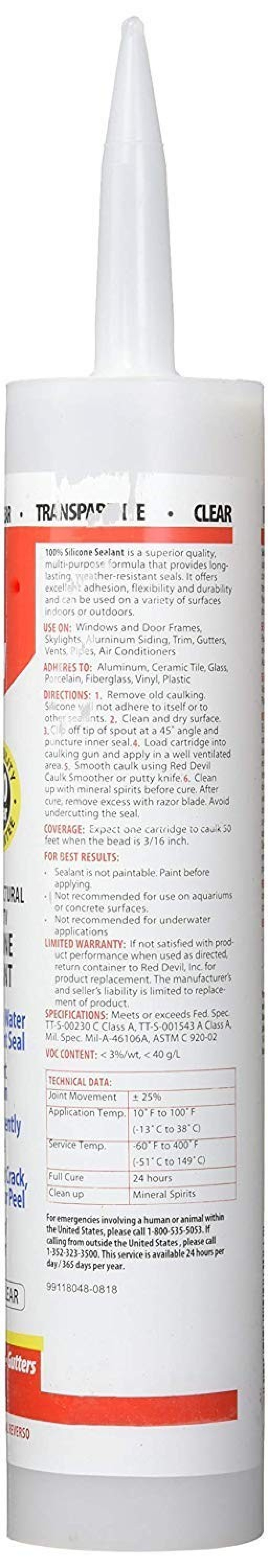 Red Devil 0826 100 Silicone Sealant Architectural Grade Silicone Architectural Grade RTV Sealant A WaterResistant Adhesive for Interior and Exterior Use 98 oz Tube Clear 1Pack