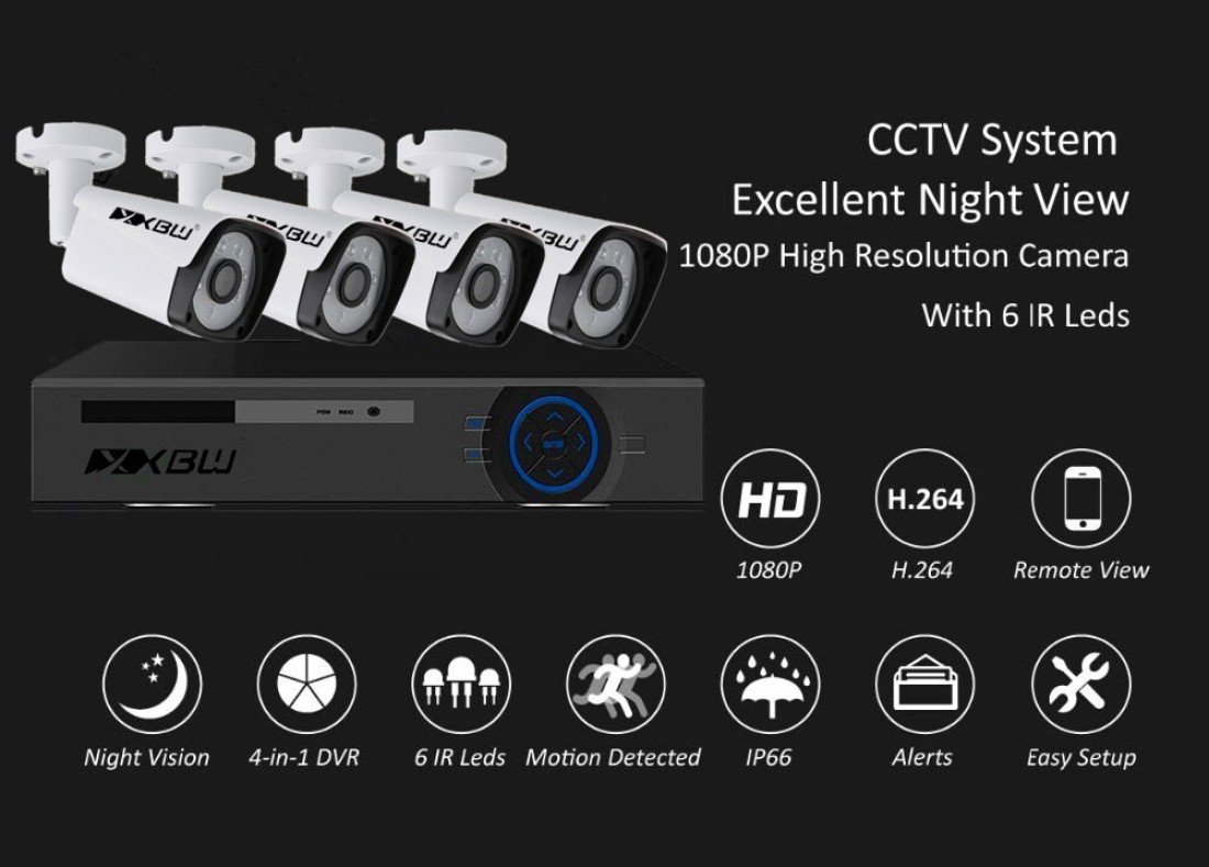 XBW - 4Channel CCTV security Kit 1080P/2.0MP 1920X1080 Camera 4CH Surveillance DVR kit with 8pcs 2.0mp 1080P Metal Outdoor Bullet Camera Alarm System&amp;P2P Home Security(Not HDD)