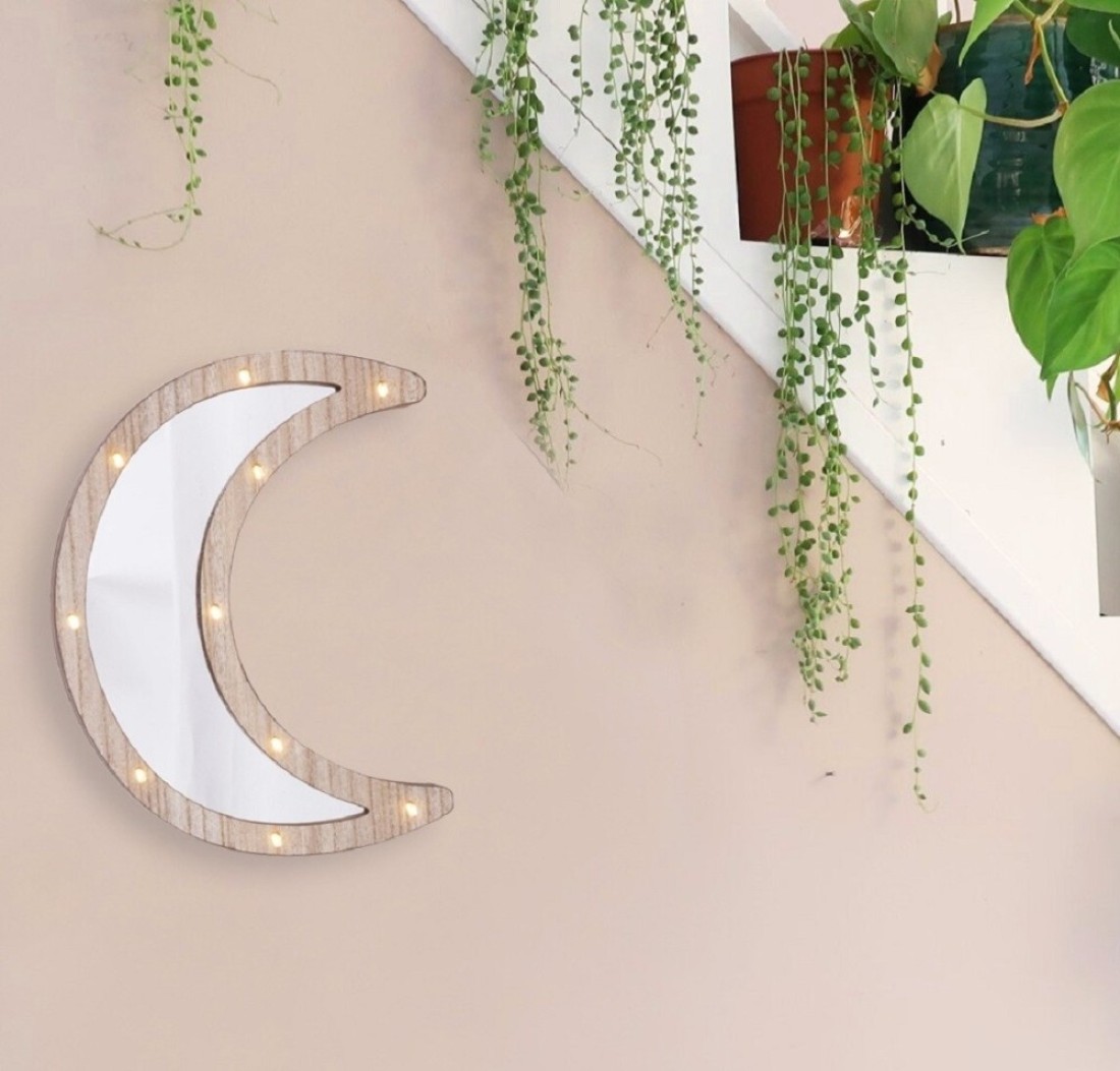Wooden Crescent Moon Ramadan Decorative Mirror with LED Lights 30x22cm