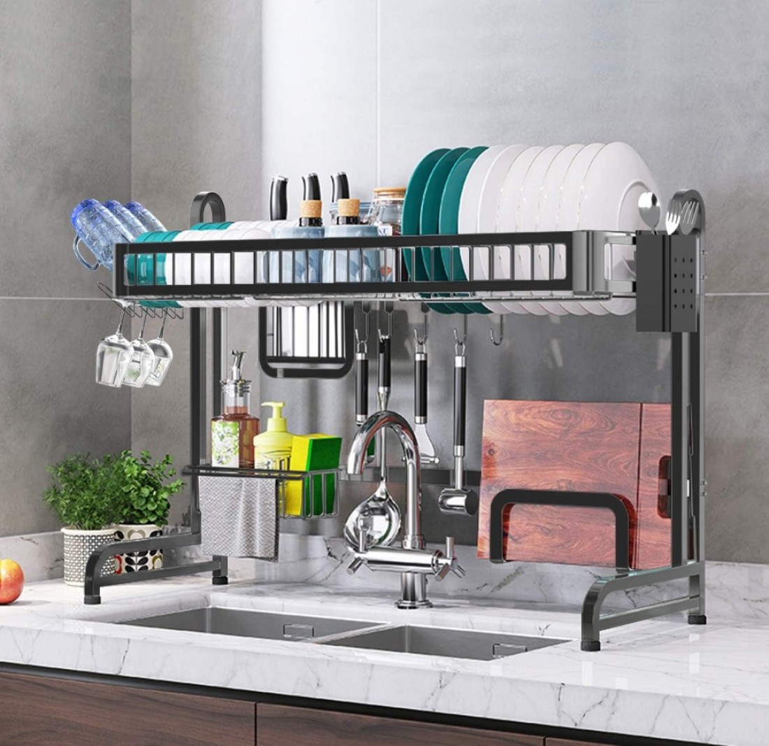 MZH Qryy Dish Drying Rack Over The Sink, Leaderpro Premium 304 Stainless Steel Dish Drainer Shelf, Kitchen Supplies, Countertop Space Saver Display Stand Tableware Organizer Utensils Holder, Black