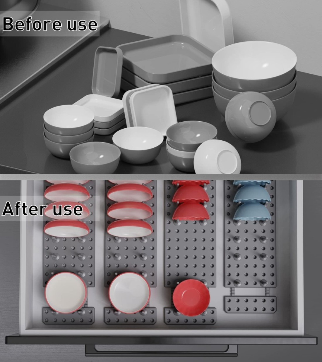 AEARY Pegboard Drawer Organizer for Kitchen Cabinet Plate Organizers for Cabinets Adjustable Cupboard Pegboard Tray Dish Racks Bowl Drying Racks Expandable Plate Holders Storage 2pcs Grey