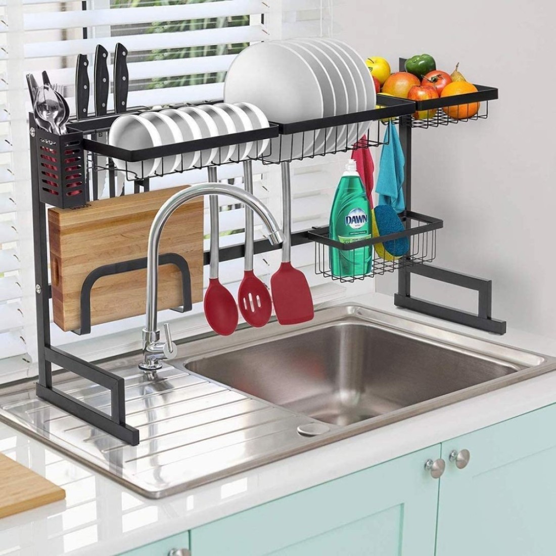 Generic Dish Drying Display Rack Stand Shelf Shelves, Draining Rack Sink Organizer With Utensil Holder Hooks For Kitchen Counter Storage Organizer For Dishes, Utensil