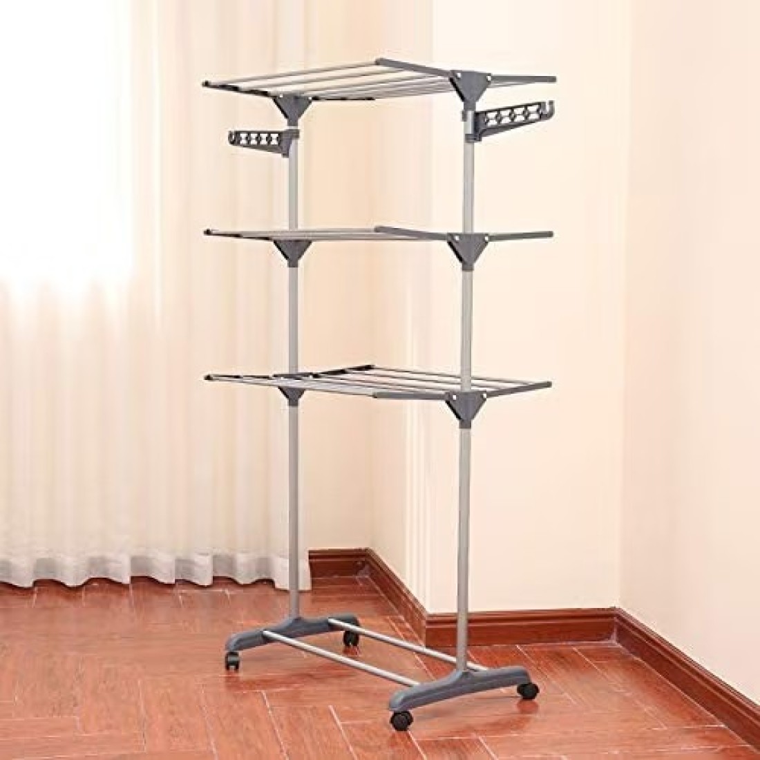 A/V Clothes Drying Rack, 3 Tier Rolling Dryer Clothes Hanger, Collapsible Garment Laundry Rack With Foldable Wings And Casters Indoor/Outdoor, Large Standing Rack Stainless Steel Hanging Rods(Gray)