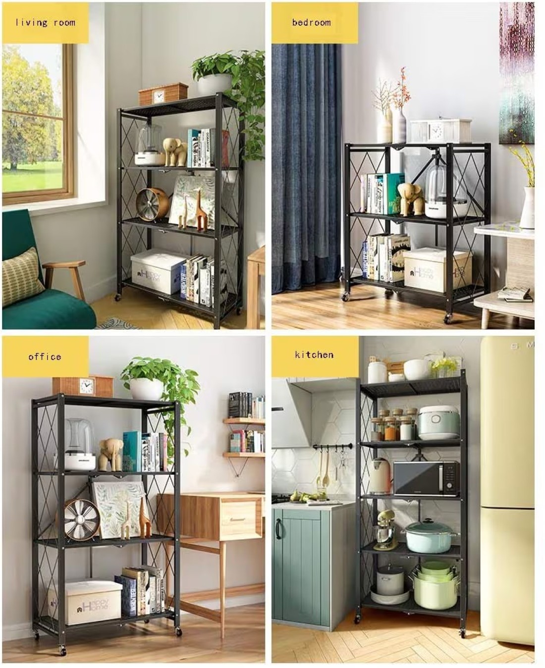 Foldable Storage Shelf Unit with Wheel Kitchen Study Office Bedroom Storage Rack Storage Box Garage and Laundry Bathroom Tool Organization (Foldable 4 Tier)