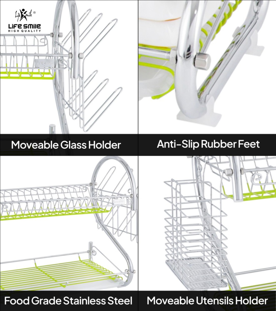 LIFE SMILE Dish Rack - 2 Tier Countertop Dish Drying Stand With Removable Drip Tray - 304 Stainless Steel with Utensil Holder and Cups Holder - Anti Slip and Rust Proof Dish Drainer