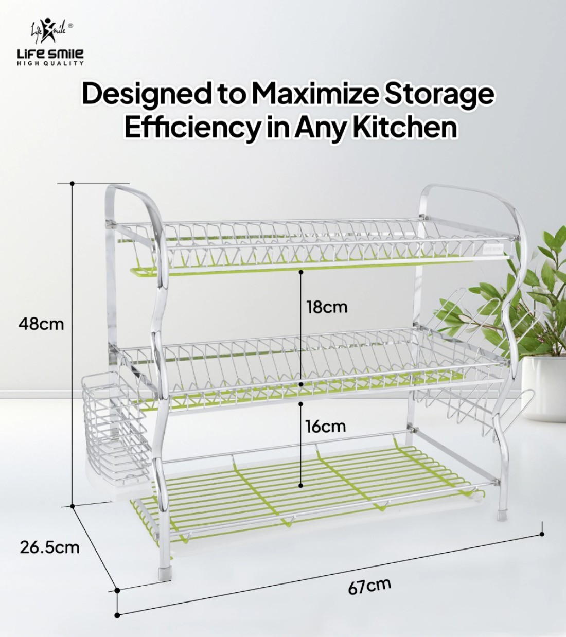 Life Smile Stainless Steel Dish Rack - 3 Tier with Utensils and Glass Holder Long Lasting and Durable