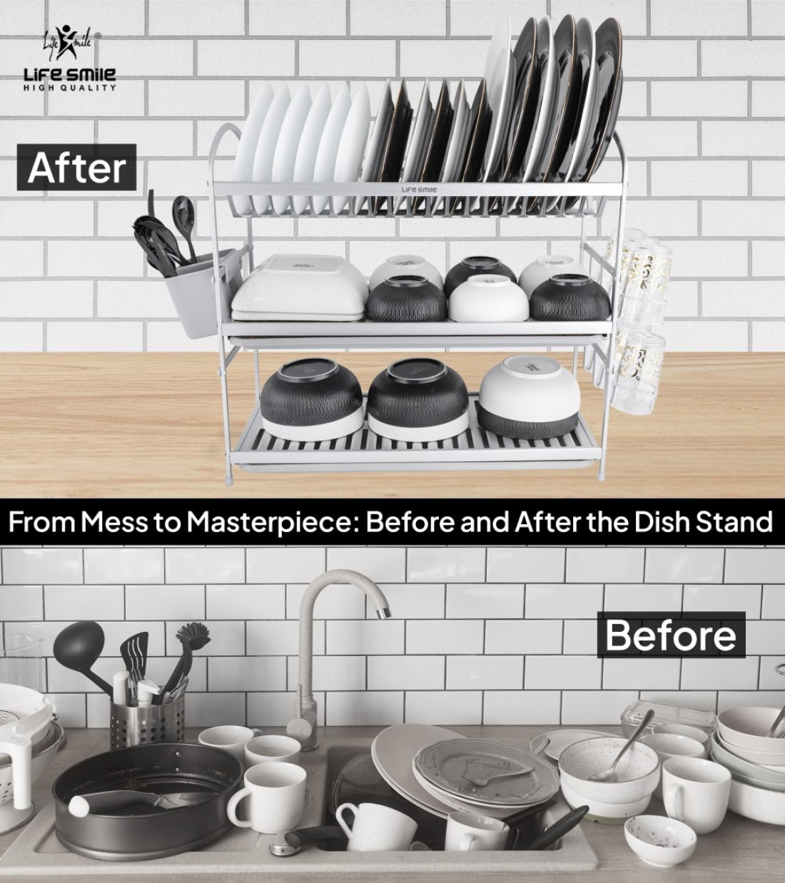 LIFE SMILE Dish Rack - 3 Tier Countertop Dish Drying Stand With Removable Drip Tray - Pure Aluminum with Cutlery Holder and Cups Holder - Anti Slip and Rust Proof Dish Drainer