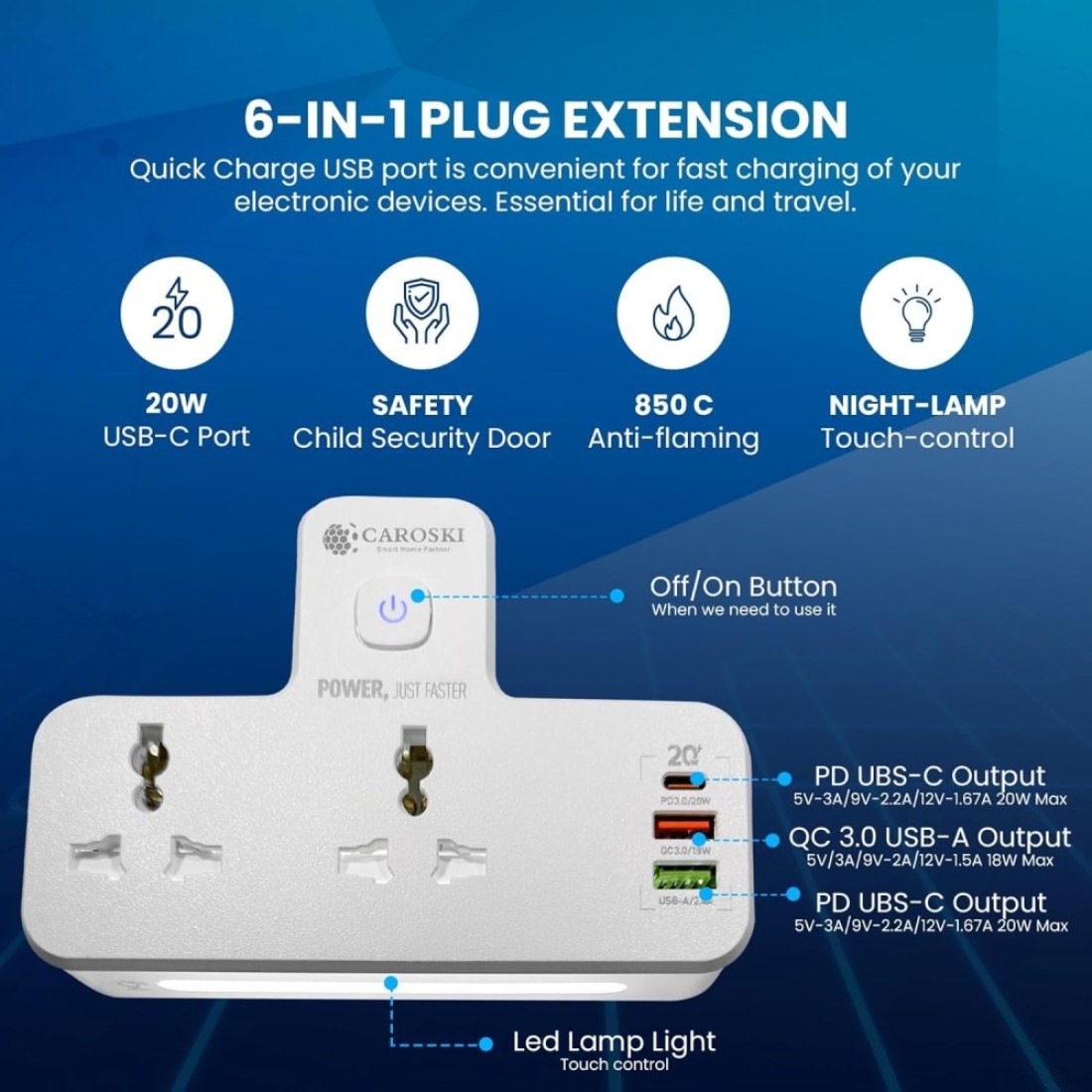 Caroski - سلك تمديد البرج - 6 مقبس طاقة مع 4 محطة شاحن USB - مستلزمات مكاتب متعددة اللوازم مثبطات Fire -Plug Cable (امتداد T)