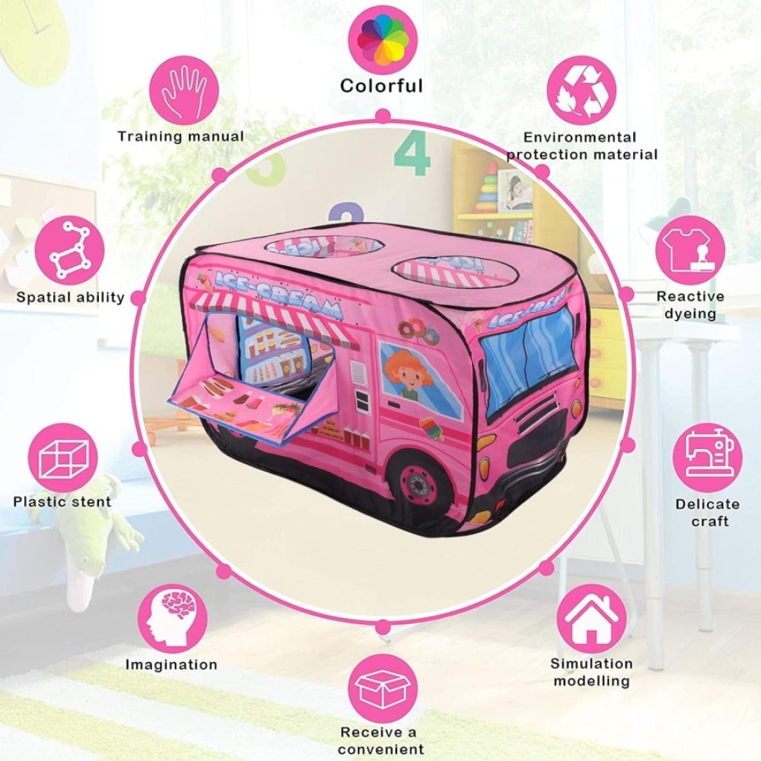 Kids Play Tent 2-4 Kids Open in Seconds Easy to Store Portable Ice Cream Truck Pop Up Play Tent Indoor Outdoor