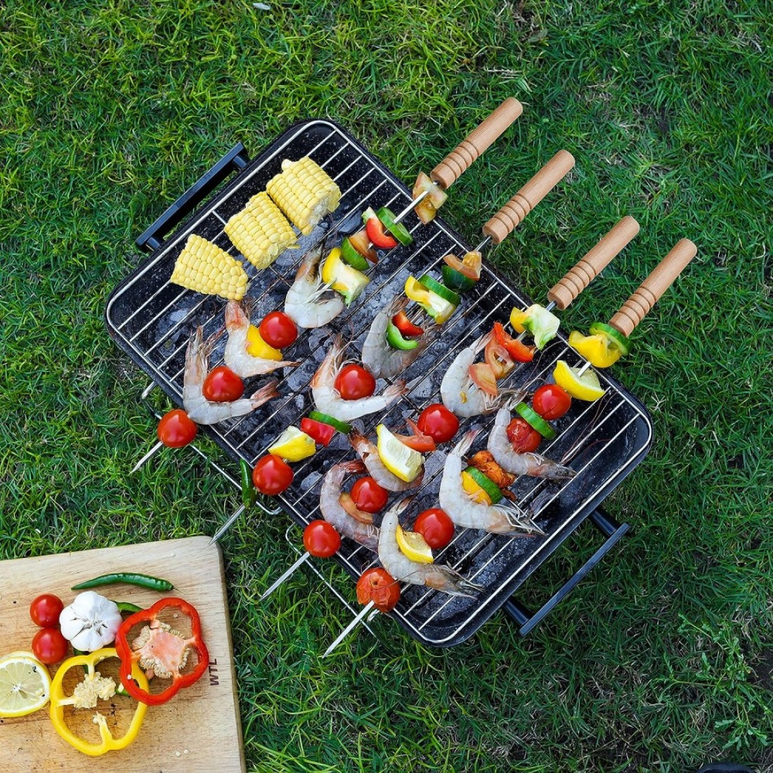 Royalford Bbq Square Skewers Set- Rf11679 Pack Of Six Stainless Steel With Wooden Handle, Perfect For Indoor, Camping, Hiking