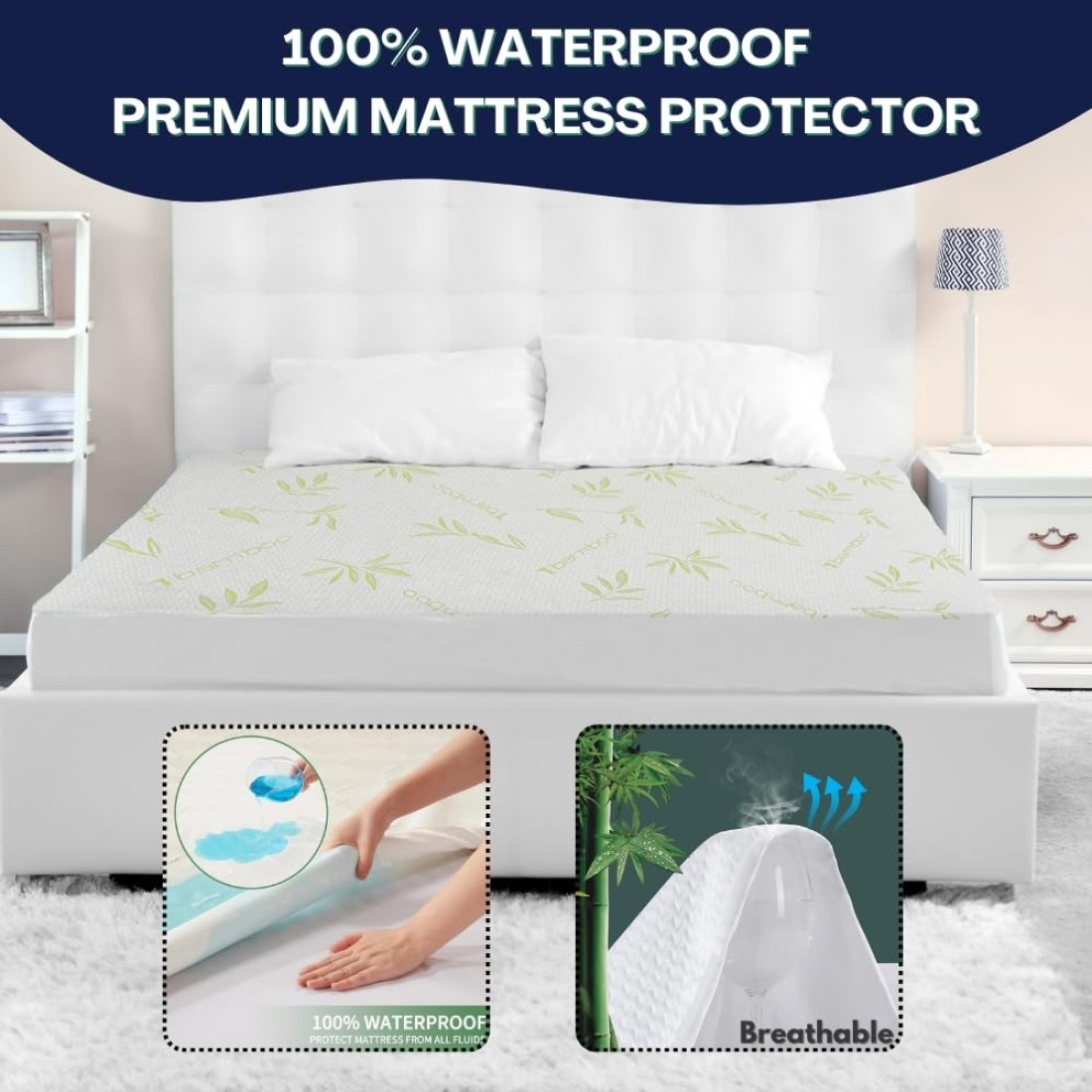 Bamboo Mattress Protector with Zipper 100 Waterproof King Size Cooling Mattress Cover Ultra Soft Jacquard Fabric Breathable Noiseless Mattress Pad Cover Zippered Mattress Encasements