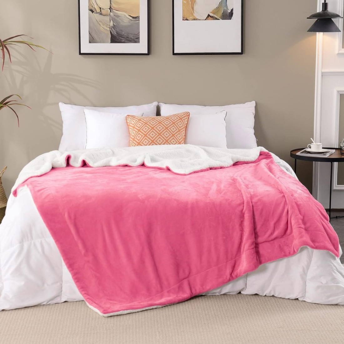 Fabienne Soft Sheep Reversible Sherpa Blanket King Size for Bed Throw Sofa Travel Flannel Blanket Pink 220x240cm