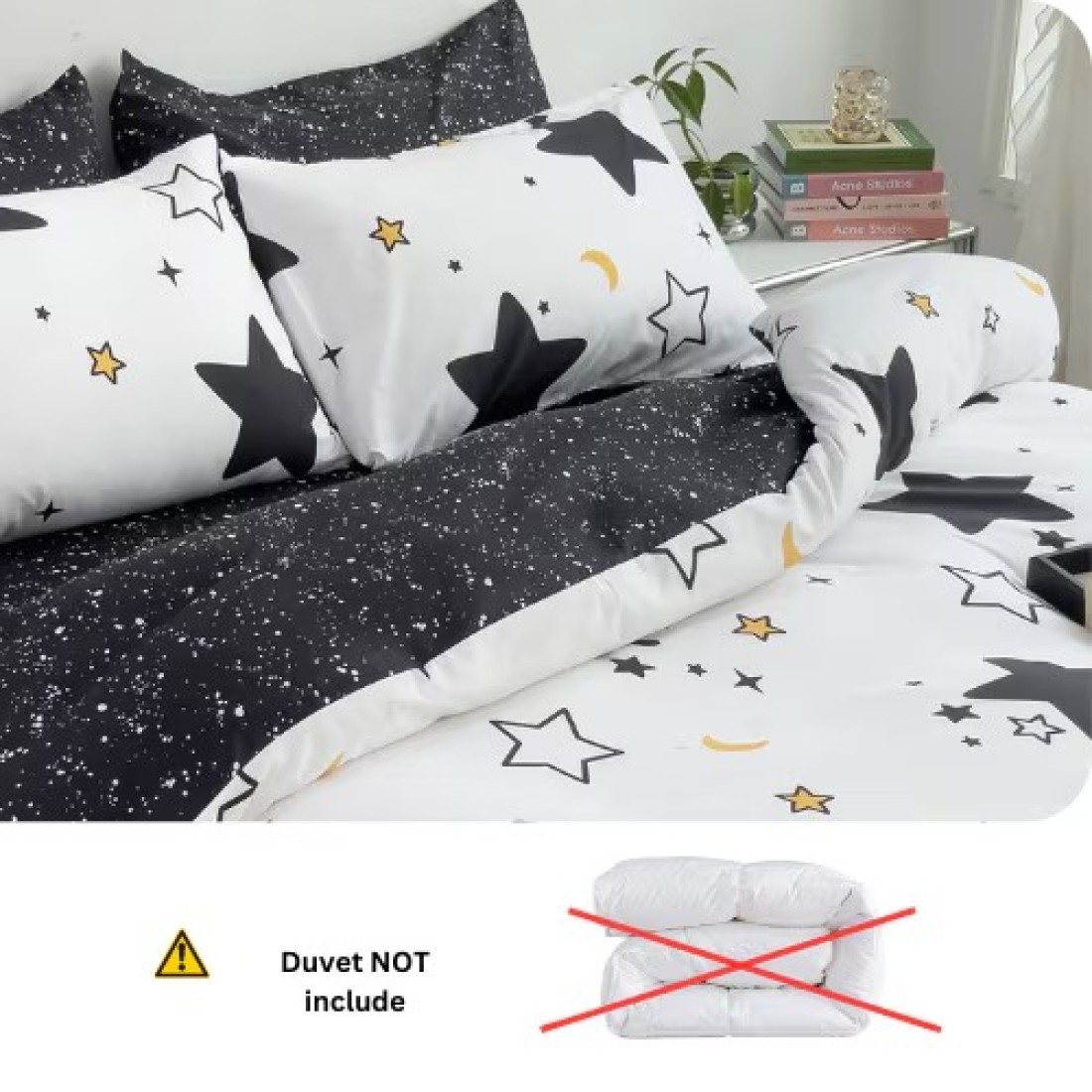 Single Size 4 Pieces Set, Reversible Duvet Cover Set, Blue Stars Design With Navy Blue Bedsheet Color