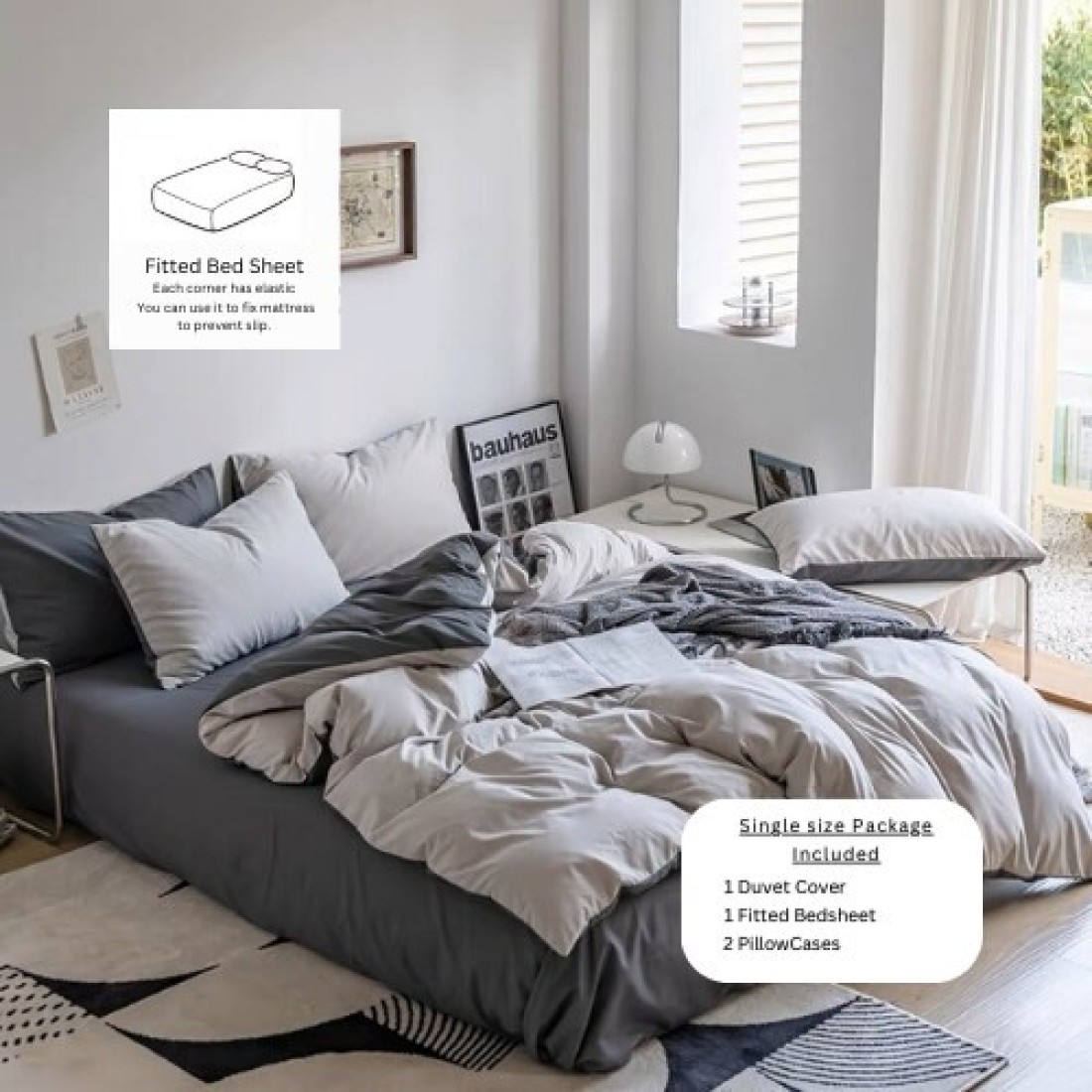 LUNA HOME Premium Korean Single size 4 Pieces Constructor Design with 2 Attractive Pillow Covers, Plain Dark Grey Bedsheet and Plain Grey Duvet Cover without filler.