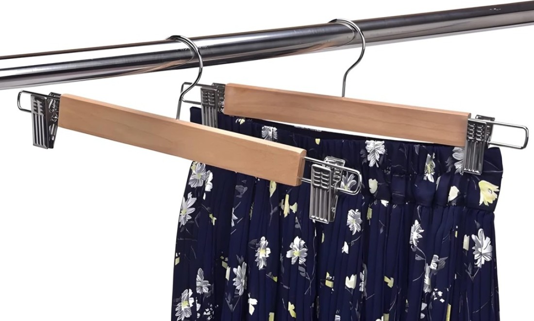 LAVISH Pants Hangers with 360&deg; Swivel Hook &ndash; 4 Pack Wooden Clothes Hangers with Metal Bar &amp; Adjustable Clips &ndash; Durable Natural Finish for Trousers, Skirts &amp; Jeans