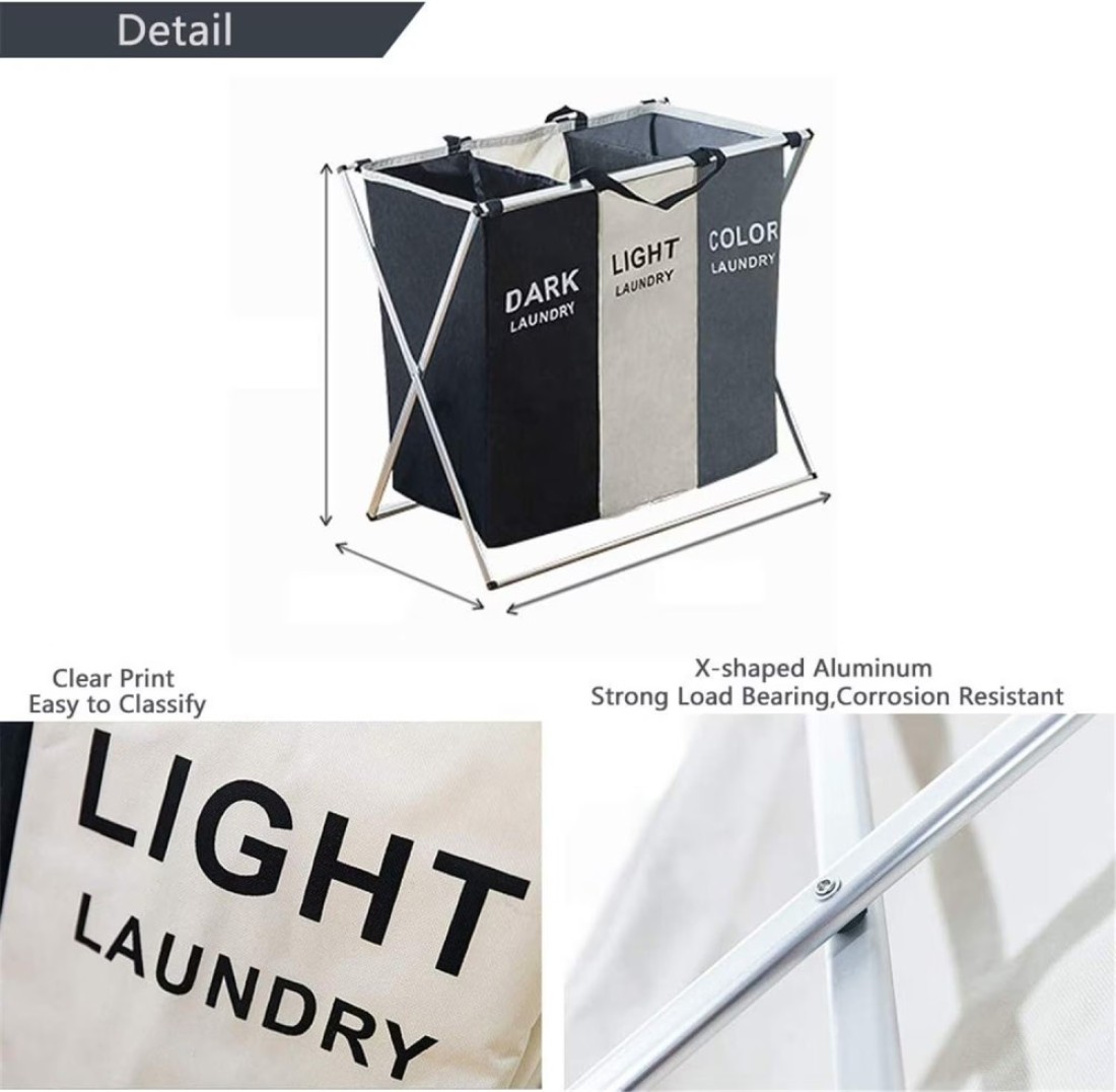 HotsUAE 135L Foldable Laundry Basket Cloth Hamper Sorter Basket 3 Sections With Aluminum Frame 68&times;60&times;38Cm