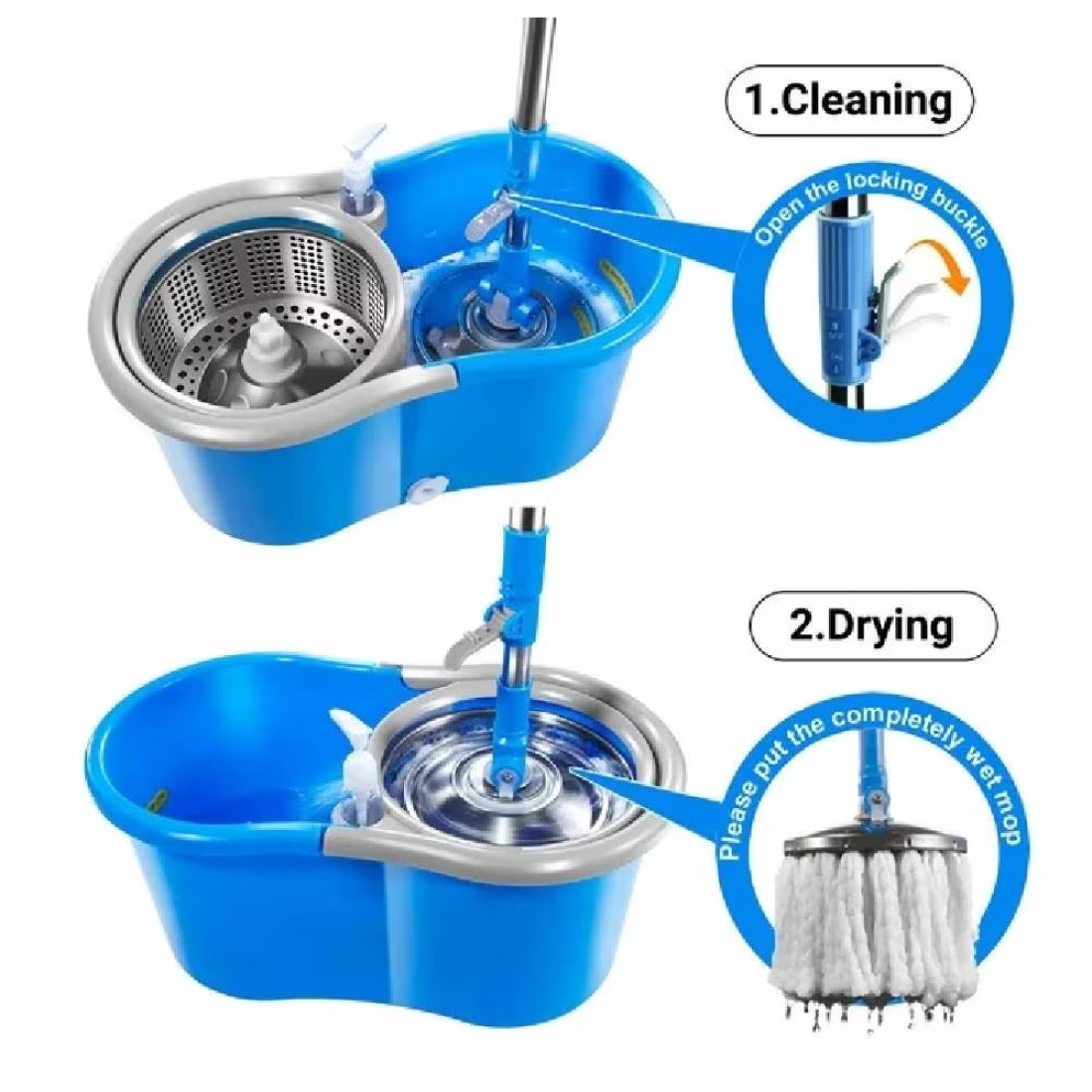 HYX Spin Mop And Bucket with Wringer Set, Floor Cleaning System, Easy Wring Foot Pedal, Stainless Steel Mop Handle