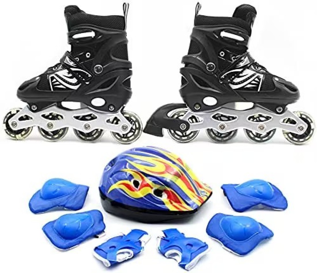 EASY FUTURE Inline Skates Adjustable Size Roller Skates with Flashing Wheels for Outdoor Indoor Children Skate Shoes Including Full Protective Gear Set Black Medium (35-38)