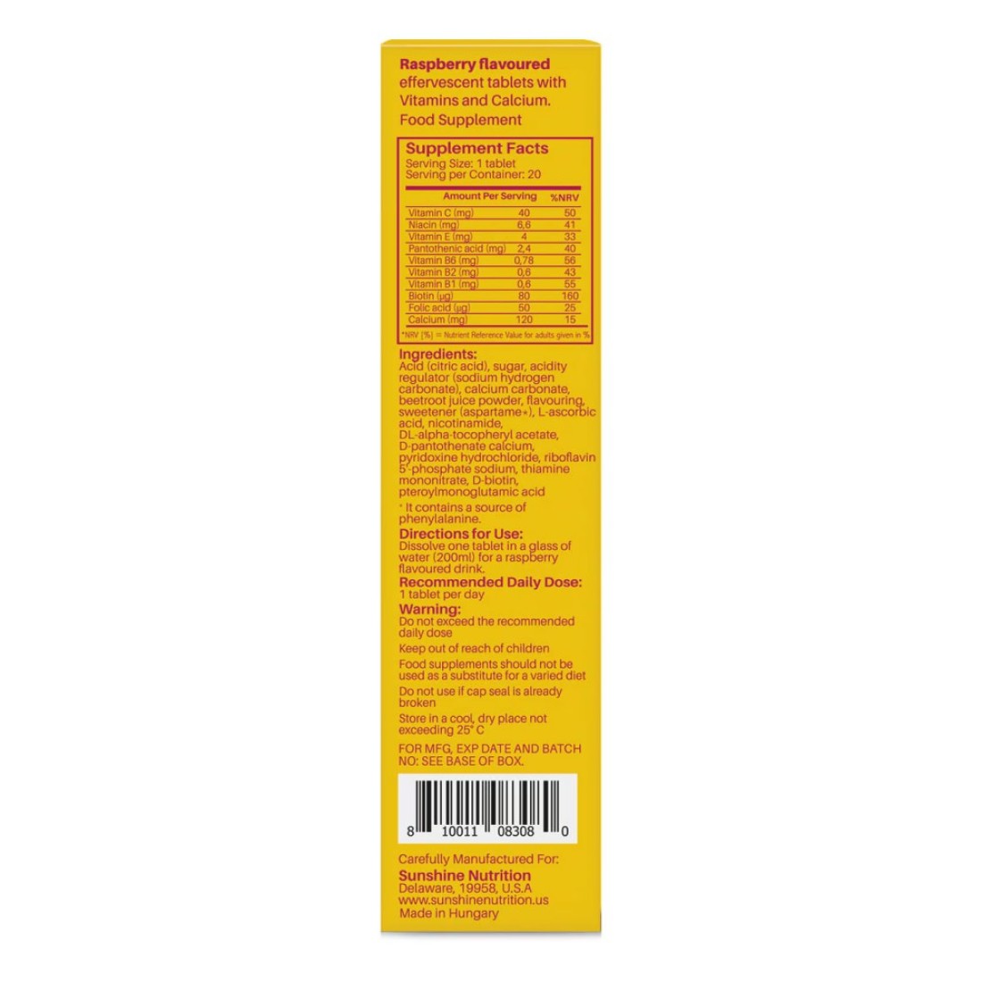 Sunshine Nutrition Kids Multivitamins Effervescent Supplement Raspberry 20 Tablets