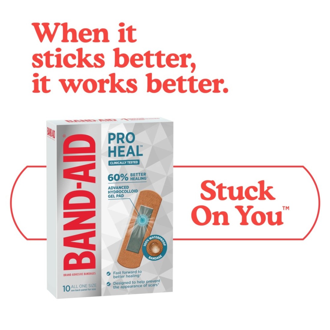 BandAid Brand Pro Heal Adhesive Bandages with Hydrocolloid Gel Pad Clinically Tested Better Healing of Minor Wounds Waterproof Bandages Sterile First Aid Bandages All One Size 10 ct