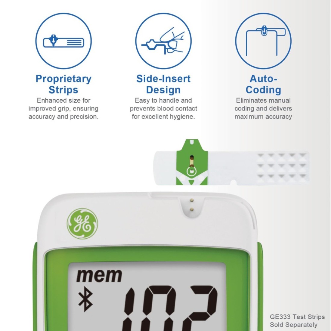 GE333 Blood Glucose Monitoring System Glucometer Auto Coding 5Second Results Bluetooth Rightest Care App Connection EasytoRead Display