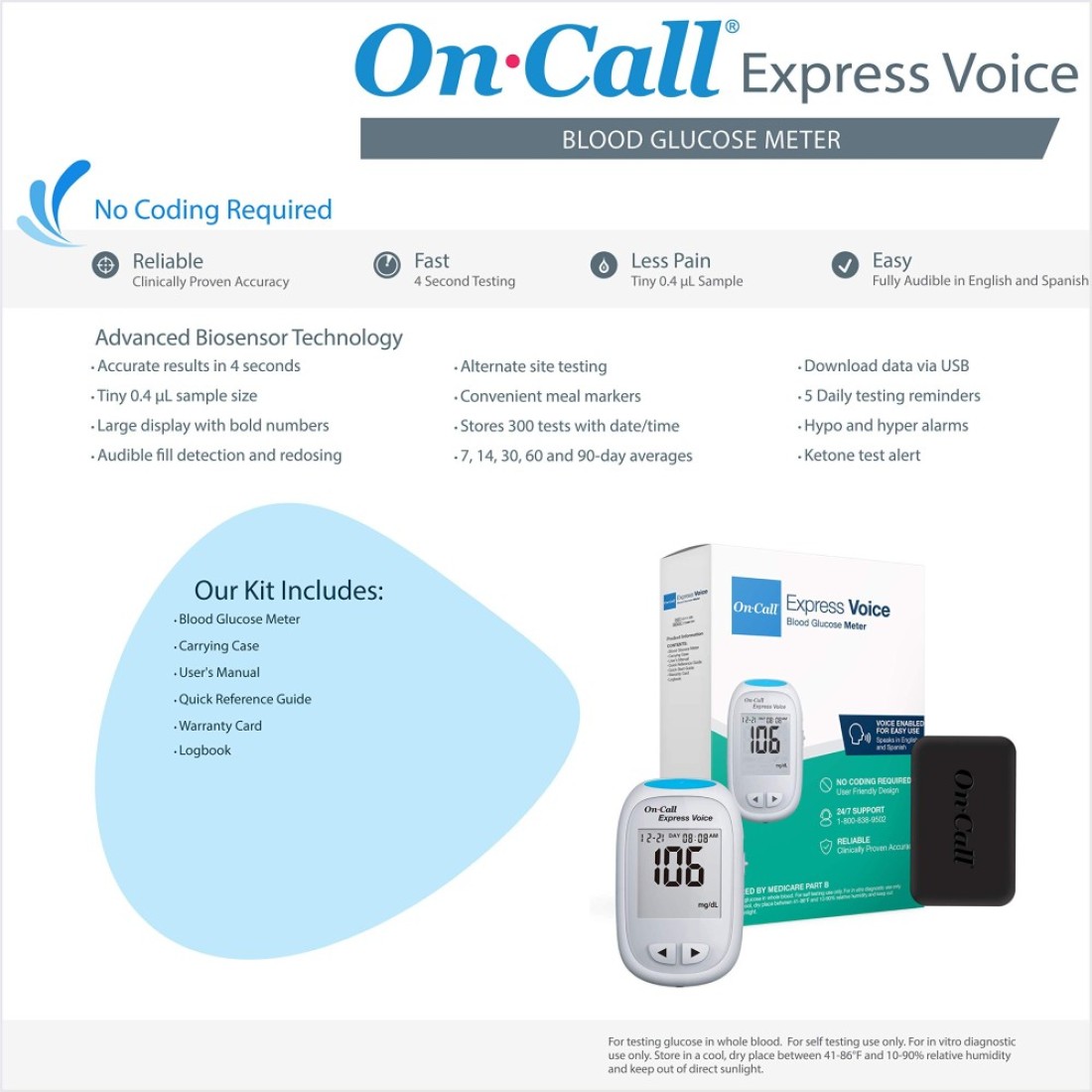 On CallExpress Voice Blood Glucose Monitor Meter Only Includes On Call Express Voice Meter Carrying Case Log Book